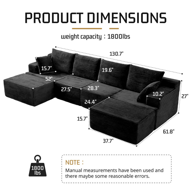 Canapés modulaires à compression surdimensionnés, velours côtelé noir de 131 pouces, maison moderne, Noir