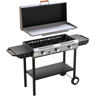 Veralune 3-in-1 Propane Stove & Griddle with Ignition & Regulator, 225,000 BTU Powerful Portable Gas Griddle with Storage Shelf, Portable Wheels for Backyard Cooking BBQ Frying and Boiling