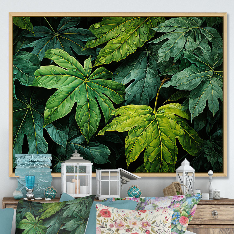 Toile émeraude, forêt tropicale, feuilles I sur toile, H 30 po x l 40 po x P 1,5 po, Cadre naturel flottant