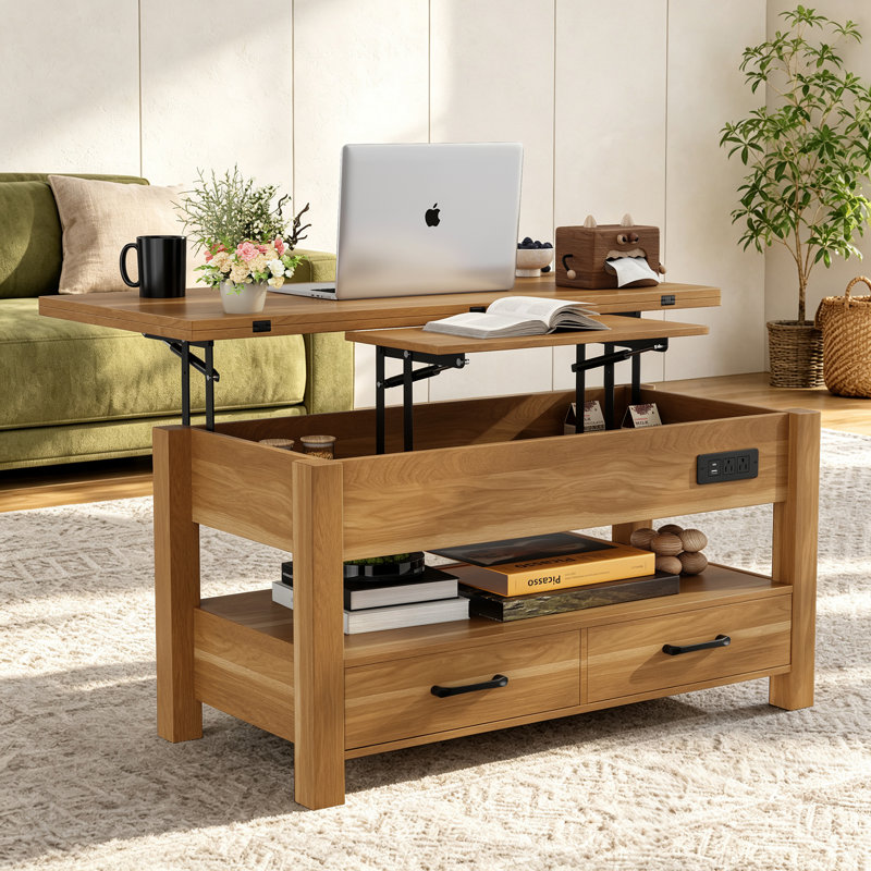 Table basse à plateau relevable divisé avec lumière DEL, station de charge, grand rangement, Natural Wood