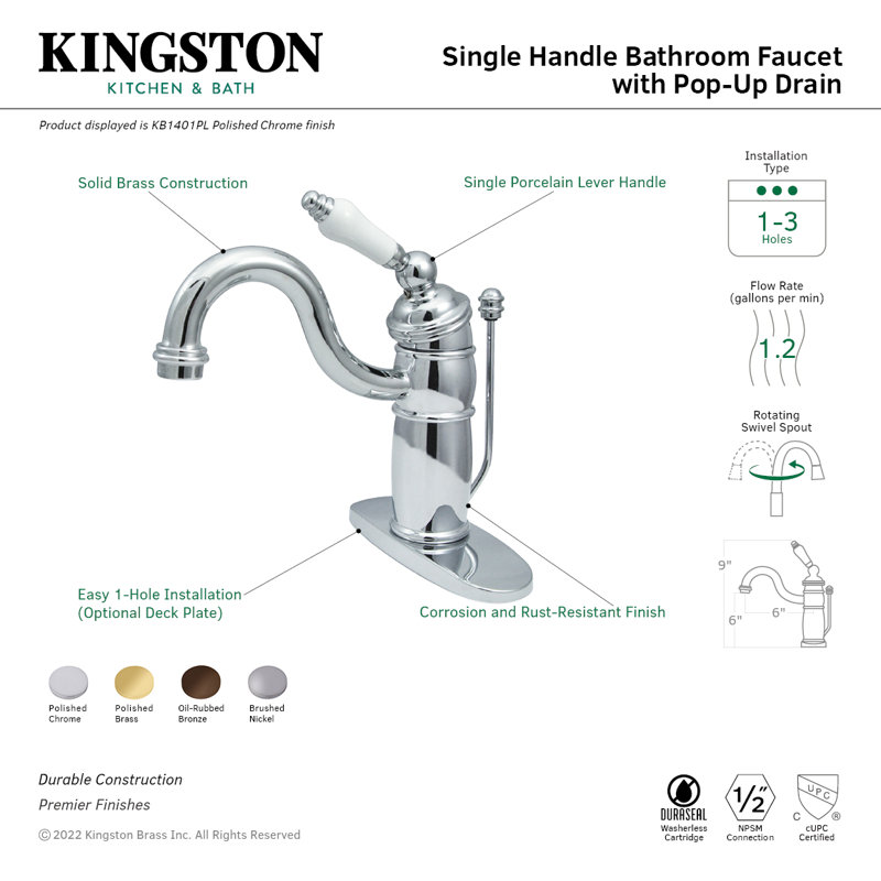 Kingston Brass Victorian Single-Handle 1-Hole Deck Mount Bathroom Faucet with Plastic Pop-Up, Polished Brass