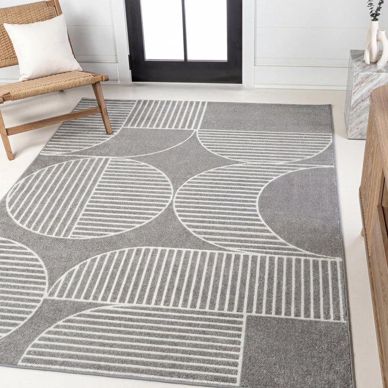 Tapis intérieur / extérieur rayé gris / crème Rysler, Rectangle 7 pi 10 po x 10 pi