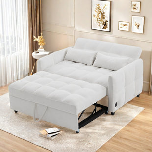 Pull-out Sofa Bed With Tufted Design, Adjustable Backrest, Three Usb Ports And Two Lumbar Pillows