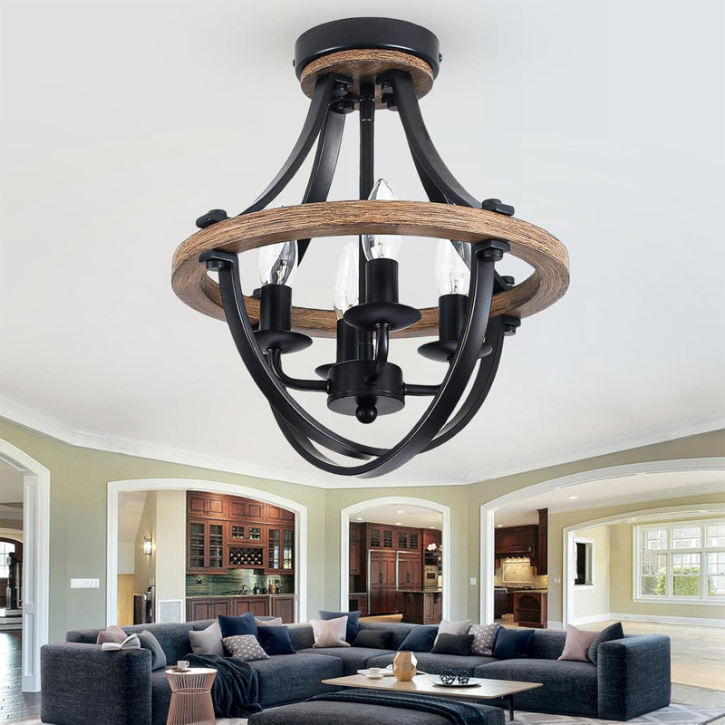 Plafonnier de style campagnard, luminaire suspendu semi-encastré 4 lumières pour îlot de cuisine, salle à manger, salon, chambre à coucher, vestibule, avec chaîne réglable et ampoule à intensité variable