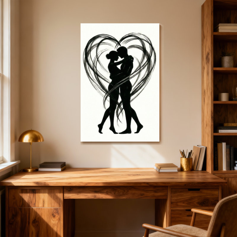 Silhouette abstraite couple embrassant un cœur, H 30 po x l 20 po