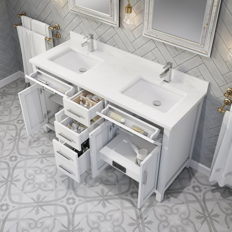 Kali White 48" W x 22" D Single Sink Bathroom Vanity with Built-in Power Outlet & USB, Drawer Organizer, Engineered Stone Top, Undermount Ceramic Sink