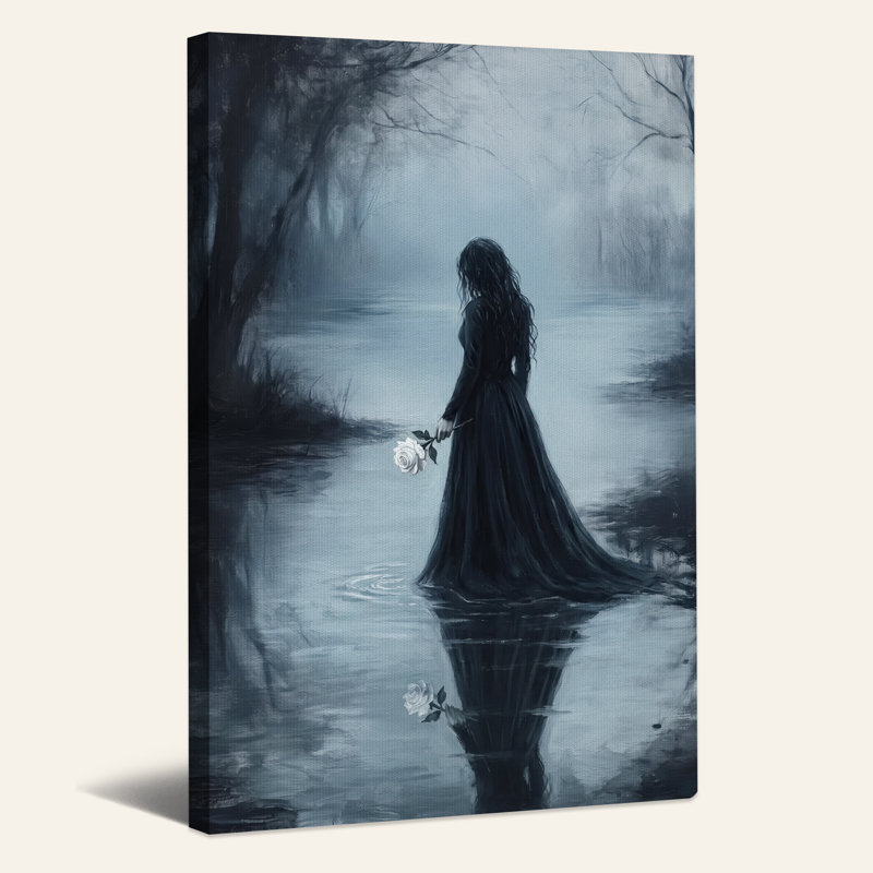 Art sur toile, "Femme en robe noire tenant une rose blanche en brume", H 24 po x l 16 po