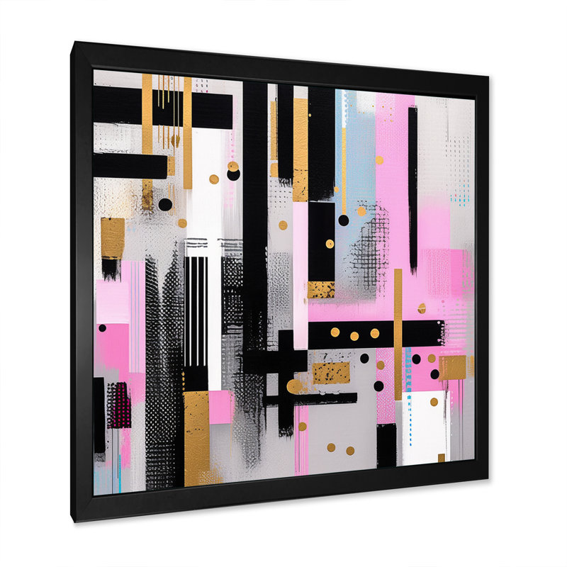 Rayures roses et dorées, Cadre simple noir, H 16 po x l 16 po x P 1 po