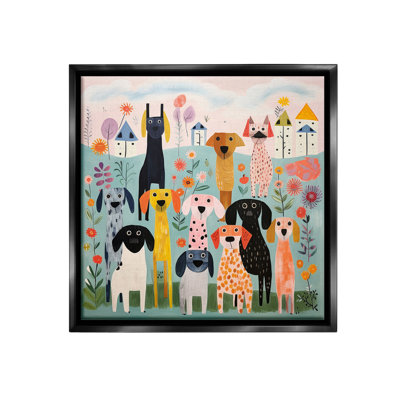 Patterned Dogs in Yard Black Framed Floater Canvas Wall Art by Lazar Studio