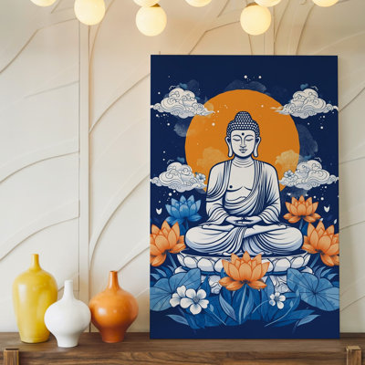 Toile, statue de Bouddha sereine assise dans une pose méditative ornée de détails complexes et d'une expression tranquille