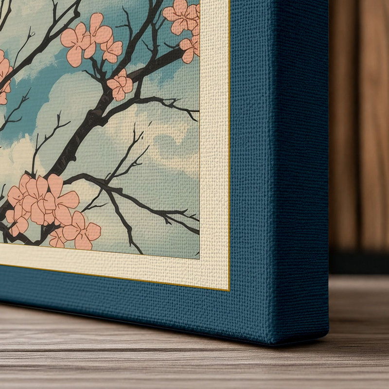 Moonlit Cherry Blossom Japandi 1 Piece Wrapped Canvas Wall Art, 36x24 - 91.4 x 61.0 cm, Teal Border