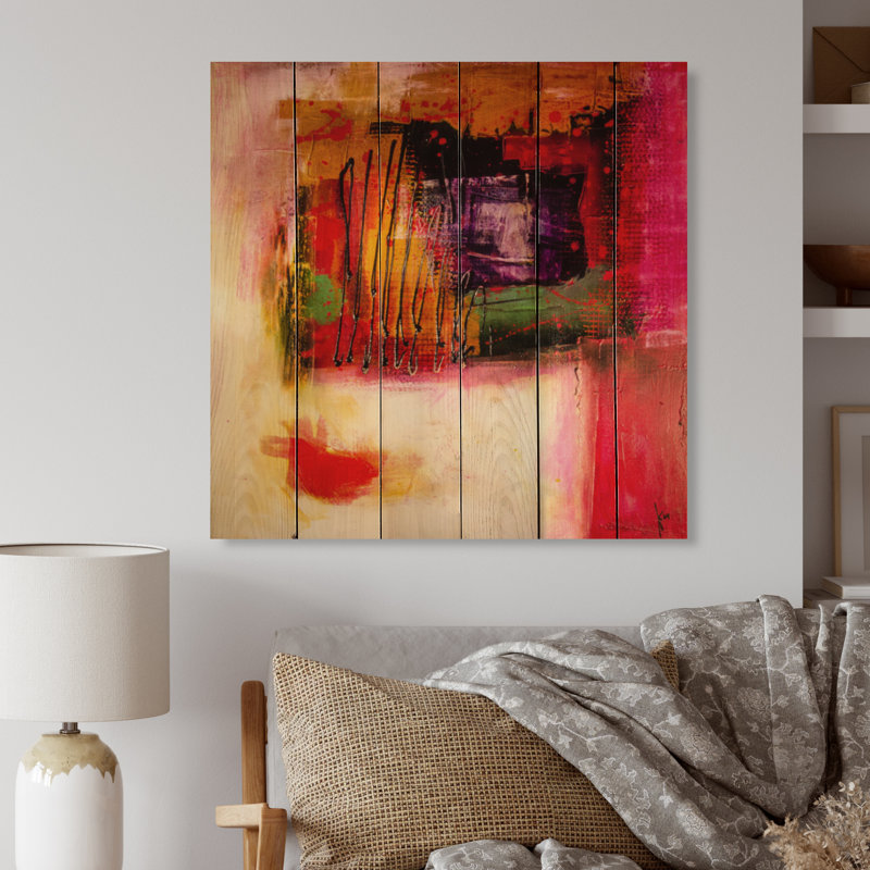 Modern Energetic Color Dance II - impression moderne sur bois, H 30 po x l 30 po x P 1 po, Bois de pin