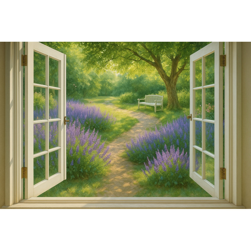Art sur toile, Lavender Rest - Window View into Tranquil Garden Path