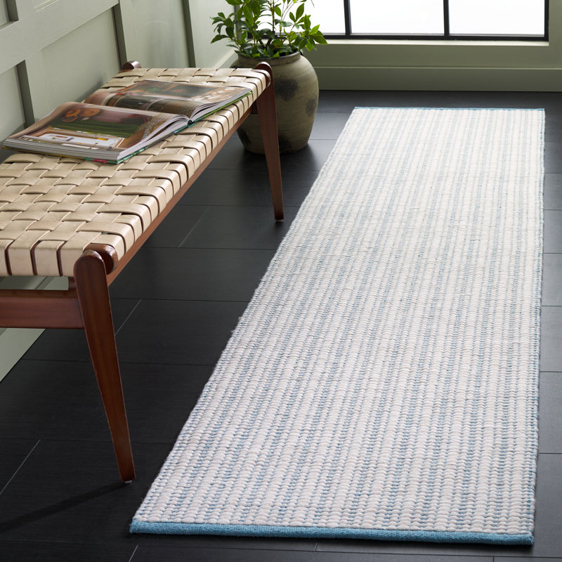 Tapis rayé turquoise / ivoire en coton tissé à la main 909, Tapis de couloir 2 pi 3 po x 8 pi
