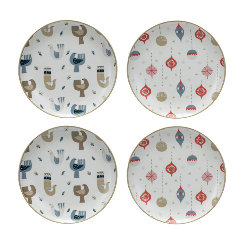 Round Stoneware Plate Set with Holiday Pattern