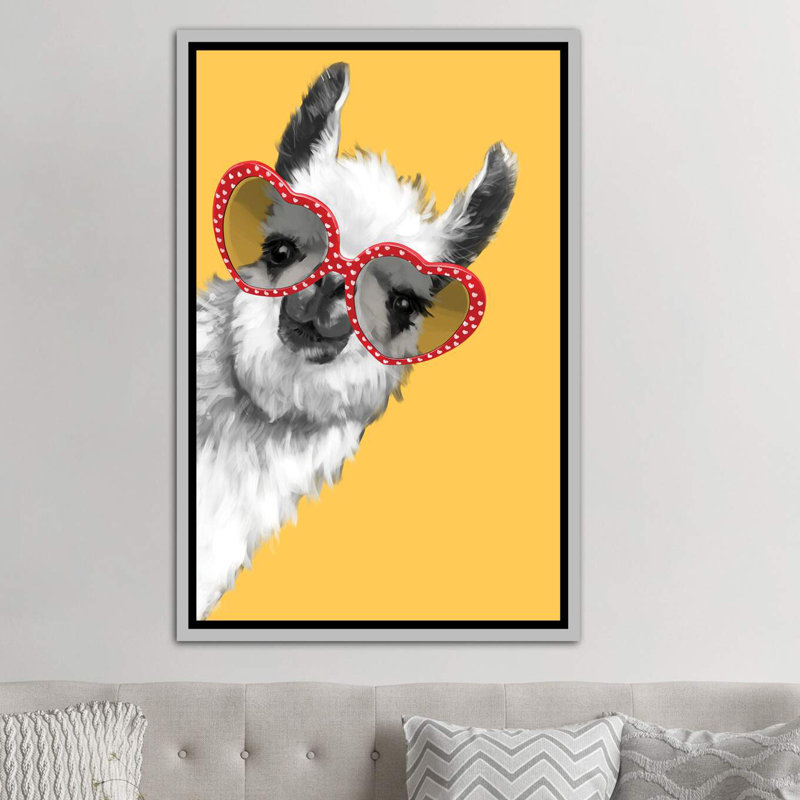 Art de llama mode avec verres à hipster, H 26 po x l 18 po x P 1,5 po, Toile avec cadre argenté