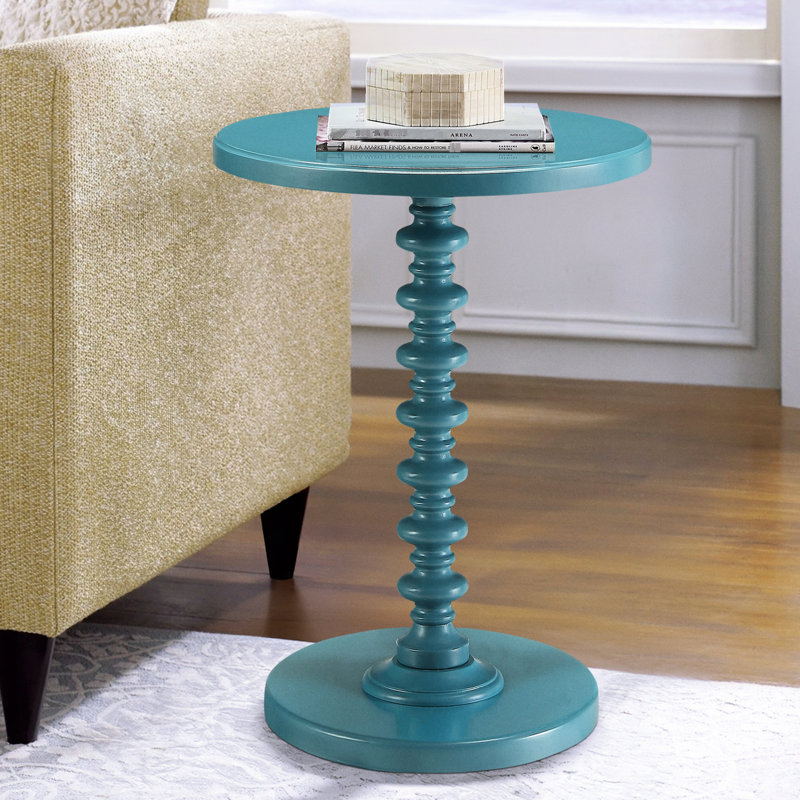 Table d'appoint ronde en bois bleu sarcelle, support à piédestal simple, design classique, salle à manger ou salon, espaces restreints, articles décoratifs sur pied en bois, salle à manger élégante, espace, petites pièces, décoration