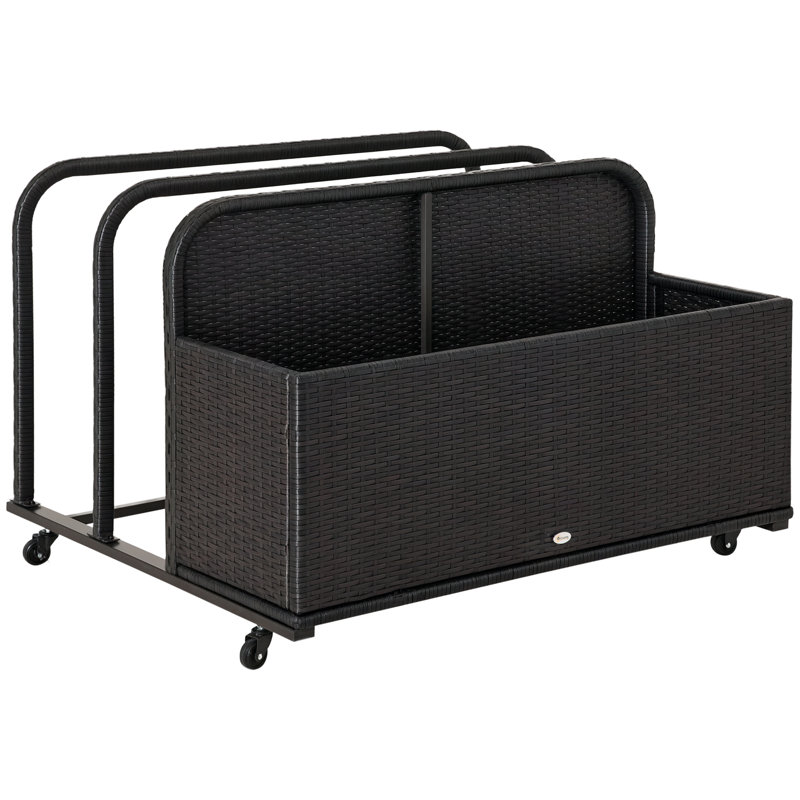 Outsunny Wicker Patio Pool Float Storage Basket, PE Rattan Outdoor Pool Caddy with Rolling Wheels for Floaties, Noodles, Life Vests, Beach Balls, Toys, Mixed Brown