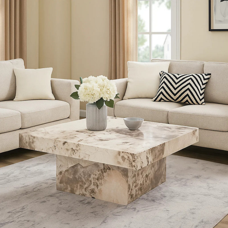 Table basse Itah, détails en faux marbre, carré blanc brun de 36 pouces