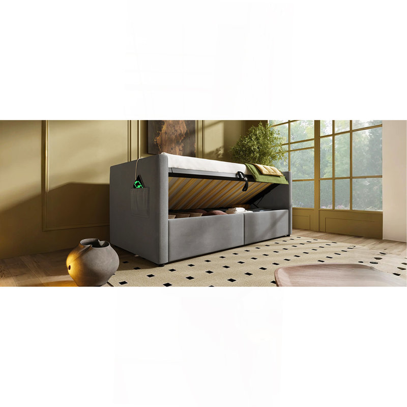 Lit de jour rembourré de taille simple, cadre de lit simple à rangement hydraulique avec chargement USB et Type-C, cadre de lit avec lattes de bois et dossier de canapé capitonné, gris, velours (sans matelas)