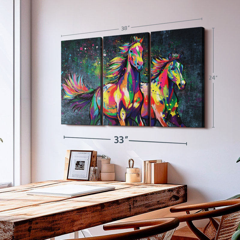 «Two Horses Color Splash Paint» sur toile, H 24 po x l 38 po x P 1,25 po