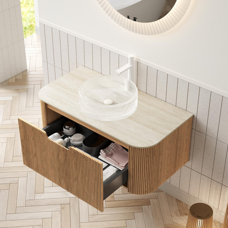 Meuble-lavabo flottant mural 36 po avec lavabo rond en verre transparent et tiroir, 36"