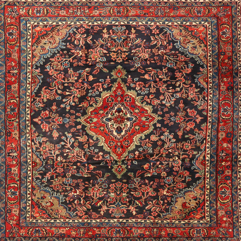 Tapis traditionnel mehroon/noir/crème Ensa, Carré 5 pi