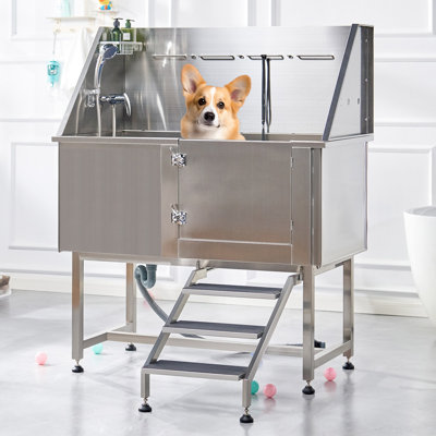 Baignoire de toilettage pour chien en acier inoxydable Ysacne avec marches antidérapantes, pulvérisateur réglable et robinet - Station de lavage professionnelle pour petits et moyens chiens
