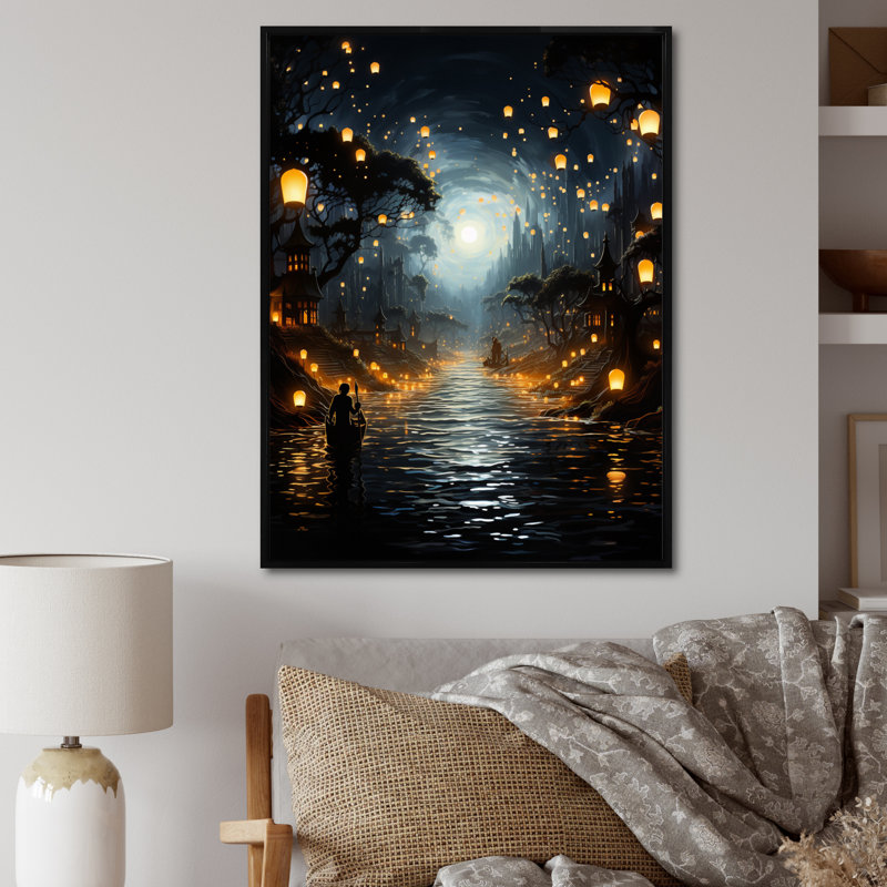 «Japon Art Sea of Lanterns II», reproduction sur toile, H 32 po x l 24 po x P 1 po, Cadre flottant noir