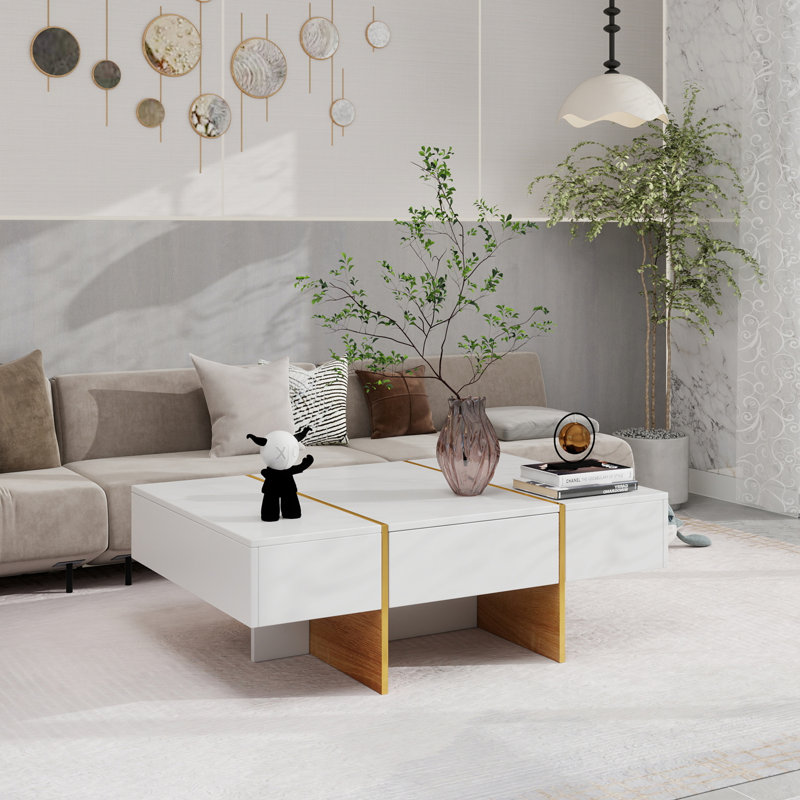 Table basse 47,2 po x 31,4 po minimaliste ultrabrillante avec 2 tiroirs, canapé rectangulaire multi-rangements avec pieds en grain de bois doré, table centrale moderne pour le salon, blanc