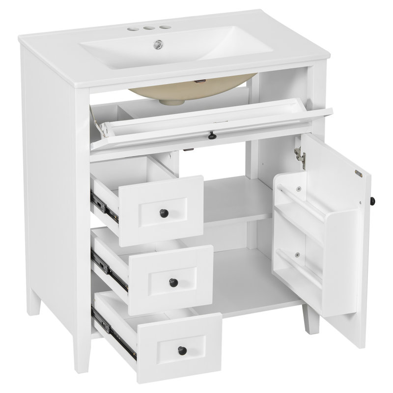 Armoire moderne 30 po en bois d'hévéa noir et blanc avec gris et bleu gris avec 4 tiroirs et 1 porte de rangement, Blanc