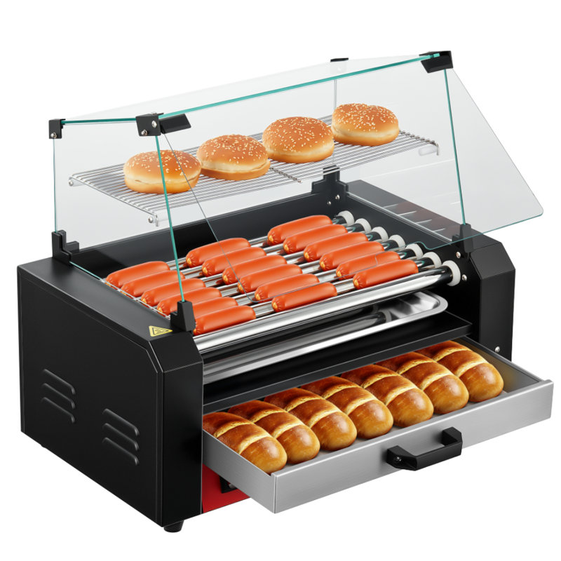 Rouleau de hot-dog avec chauffe-chignon et housse anti-poussière, machine à 7 rouleaux en acier inoxydable de 1250 W pour 18 à 24 hot-dogs, 3 réglages de température et ramasse-gouttes amovible