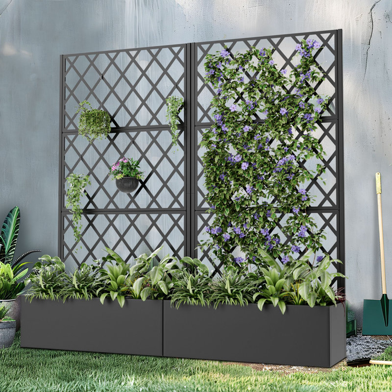 Boîte à fleurs en métal avec treillis et roues, Noir, H 71 po x l 35 po x P 16 po