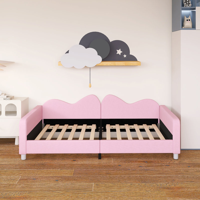 Wood Frame Twin Size Upholstered Daybed With Cloud-Shaped Backrest, Twin, Pink