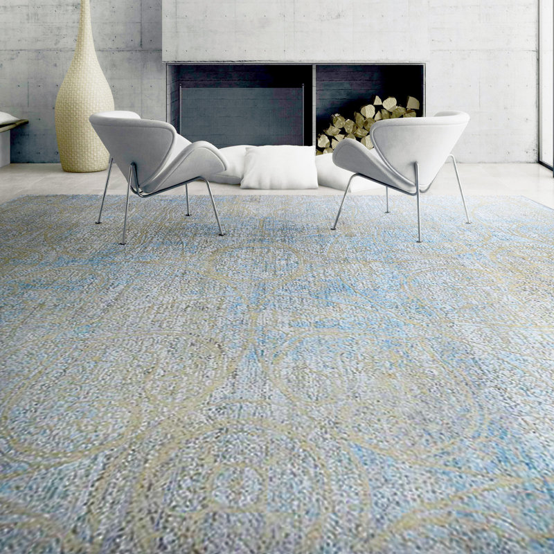 Handmade Silk and Wool Abstract Area Rug, Rectangle 8' x 10'