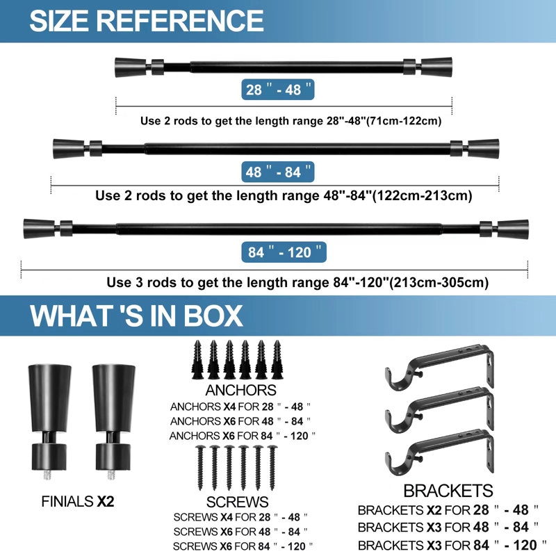 Black Adjustable Steel Single Curtain Rod Set