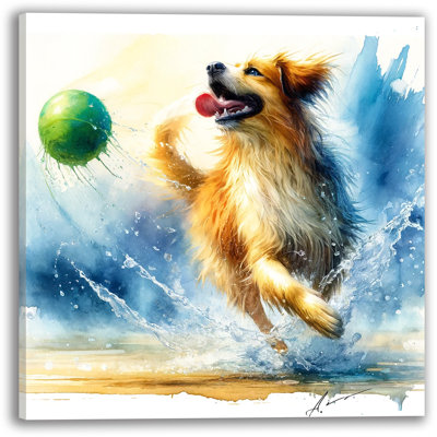 «Aquatic Fetch - Playful Leap Dog» sur toile