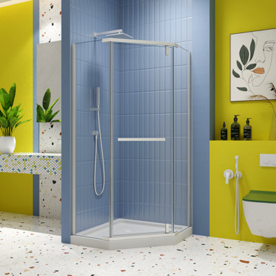 Shower Door, With 1/4" Tempered Glass , 34.75 In. X 72 In. Frameless Neo-Angle Pivot Shower Enclosure