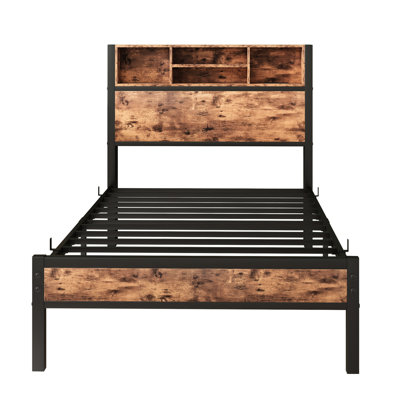 Twin Bed Frame With Charging And Bookcase Storage, Metal Platform Bed, Noiseless Aesthetically Appealing Station 4 Storage Shelves In Headboard, Industrial Retro Bedroom Use, Easy Assembly