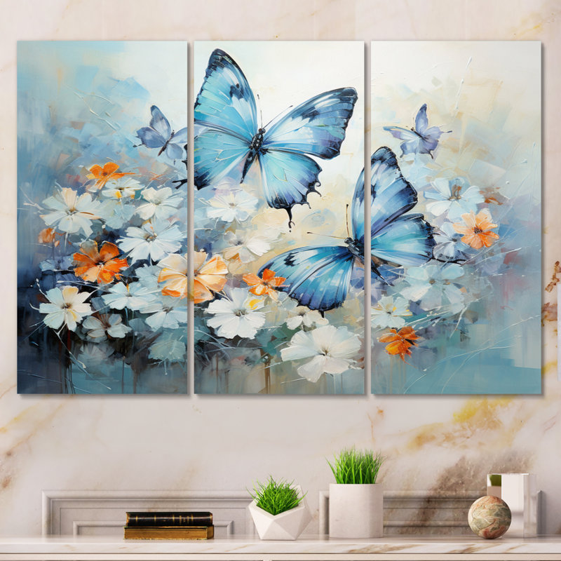 «Blue White Butterfly Symphony» sur toile, reproduction de 3 pièces, H 32 po x l 48 po x P 1 po