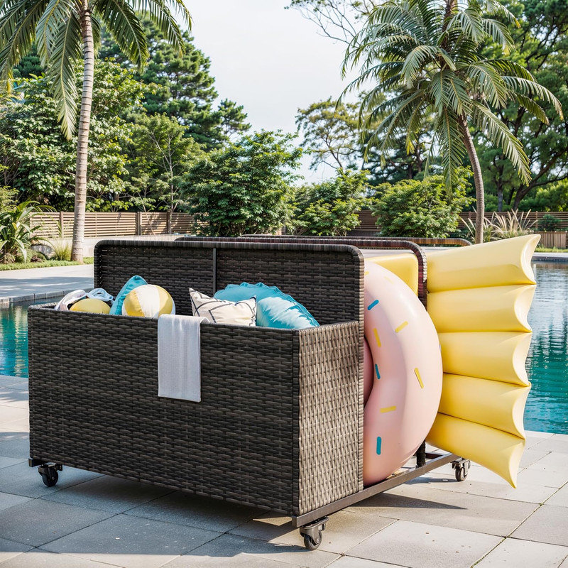 Rolling 3-Section Pool Float Storage Organizer with Wheels, Outdoor PE Rattan Wicker Caddy for Poolside, Patio & Deck, All-Weather for Life Vests, Balls, Toys