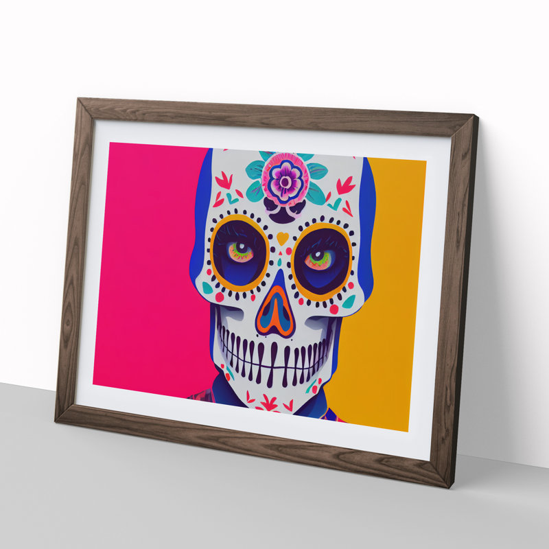 Cosmopolitan Floral Sugar Skull - Single Picture Frame Print, 34cm H x 46cm W x 2cm D, Walnut Framed