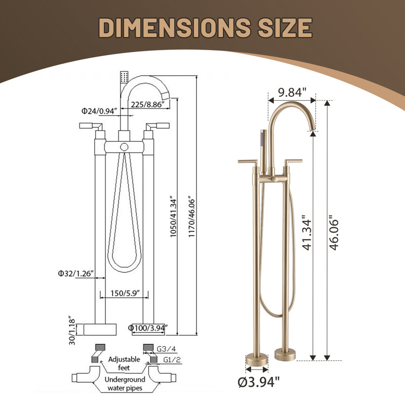 46.06" Freestanding Bathroom Bathtub Faucet, Solid Brass Tub Filler with Hand Shower, Gold