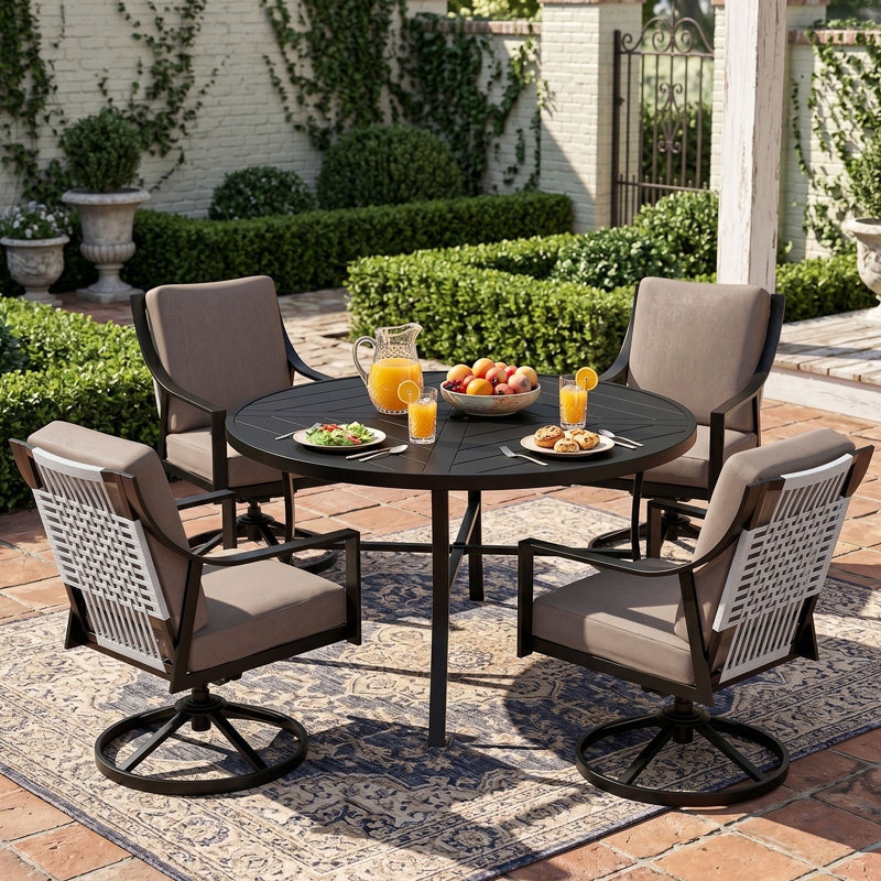 Round 4 - Person Dining Set With 4 Swivel&Rocking Chair And Cushions, Shale Cushion/Black Frame