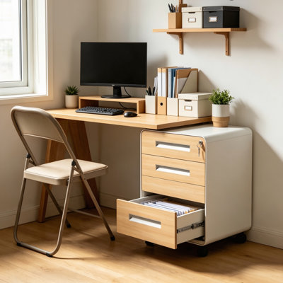 Classeur mobile verrouillable à 3 tiroirs avec roulettes à 360 °, armoire de rangement entièrement en acier entièrement assemblée, convient aux dossiers de format lettre A4 pour le bureau personnel, grain de bois