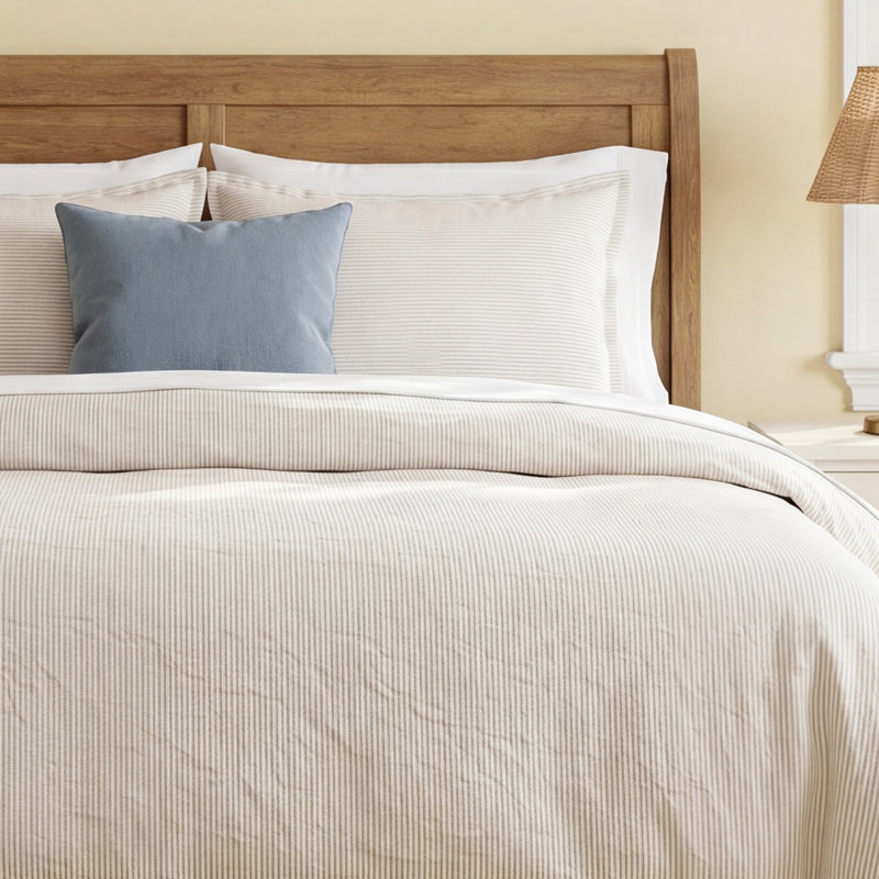 Cinder Cotton Percale Striped Duvet Cover, Queen Duvet Cover + 2 Queen Shams, Nude/Beige/Tan