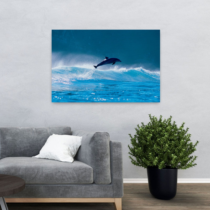 Art contemporain de dauphin commun brisant dans la mer, H 32 po x l 48 po