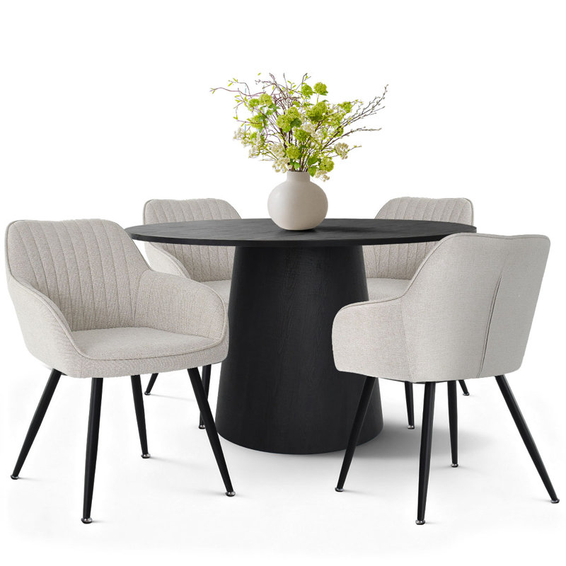 5-Piece Modern Round Dining Set With Black Pedestal Table And Upholstered Armchairs, Beige
