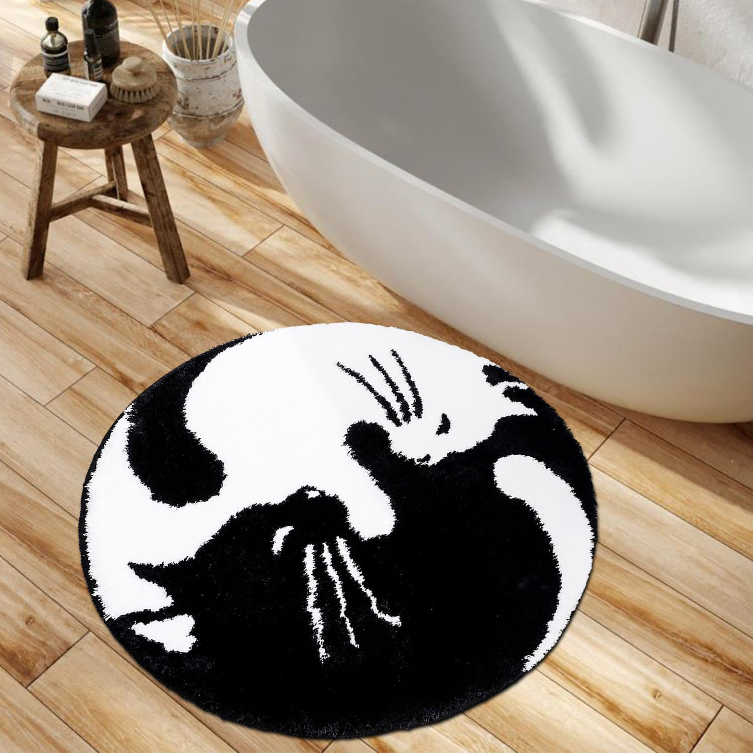 BEFIHO Cute Cat Bath Mat, Yin Yang Cat Bathroom Rug, Round Black And ...
