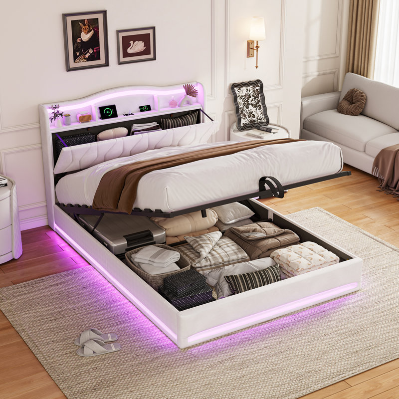 Upholstered Velvet Lift Up Storage Bed, European Double (140 x 200 cm), Beige